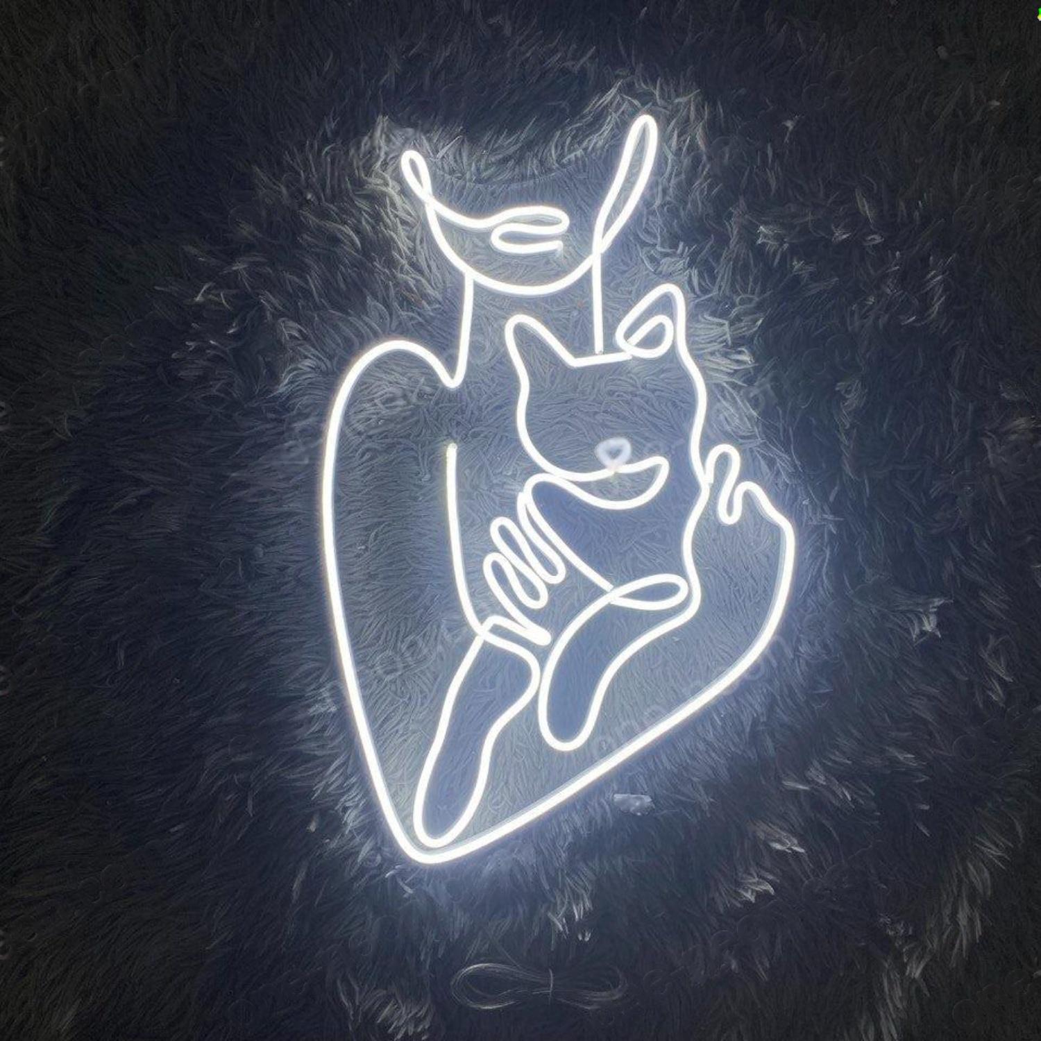 White Line Art Cat Mom Silhouette Led Neon Sign For Pet Lover Home Decor | Shineneon