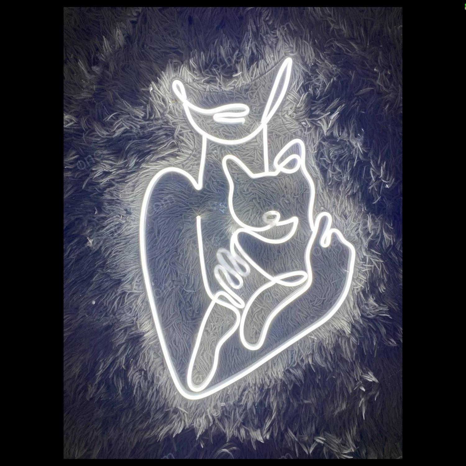 White Line Art Cat Mom Silhouette Led Neon Sign For Pet Lover Home Decor | Shineneon