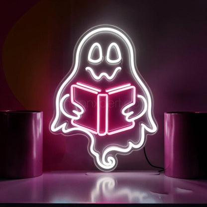 White-Pink Cartoon Ghost Reading Book Led Neon Sign For Halloween Kids Room Decor | Shineneon