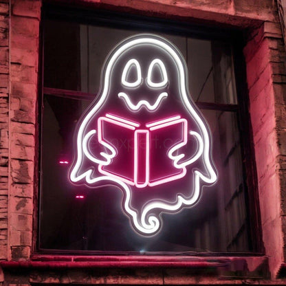White-Pink Cartoon Ghost Reading Book Led Neon Sign For Halloween Kids Room Decor | Shineneon