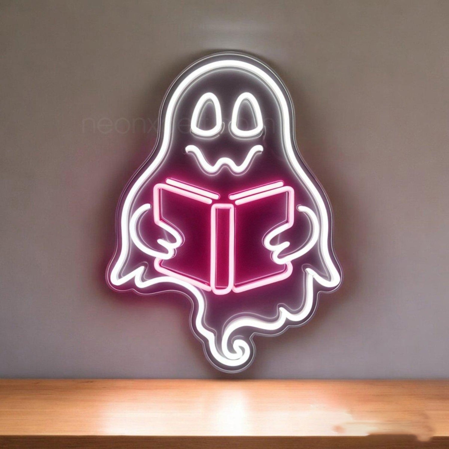 White-Pink Cartoon Ghost Reading Book Led Neon Sign For Halloween Kids Room Decor | Shineneon