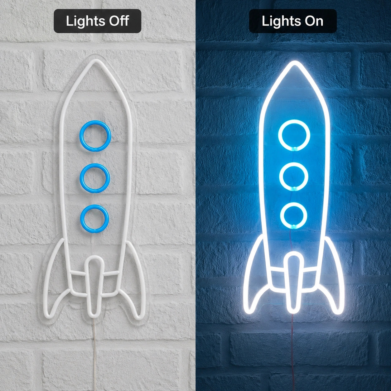 White Rocket Neon Sign LED Neon Sign day and night comparison