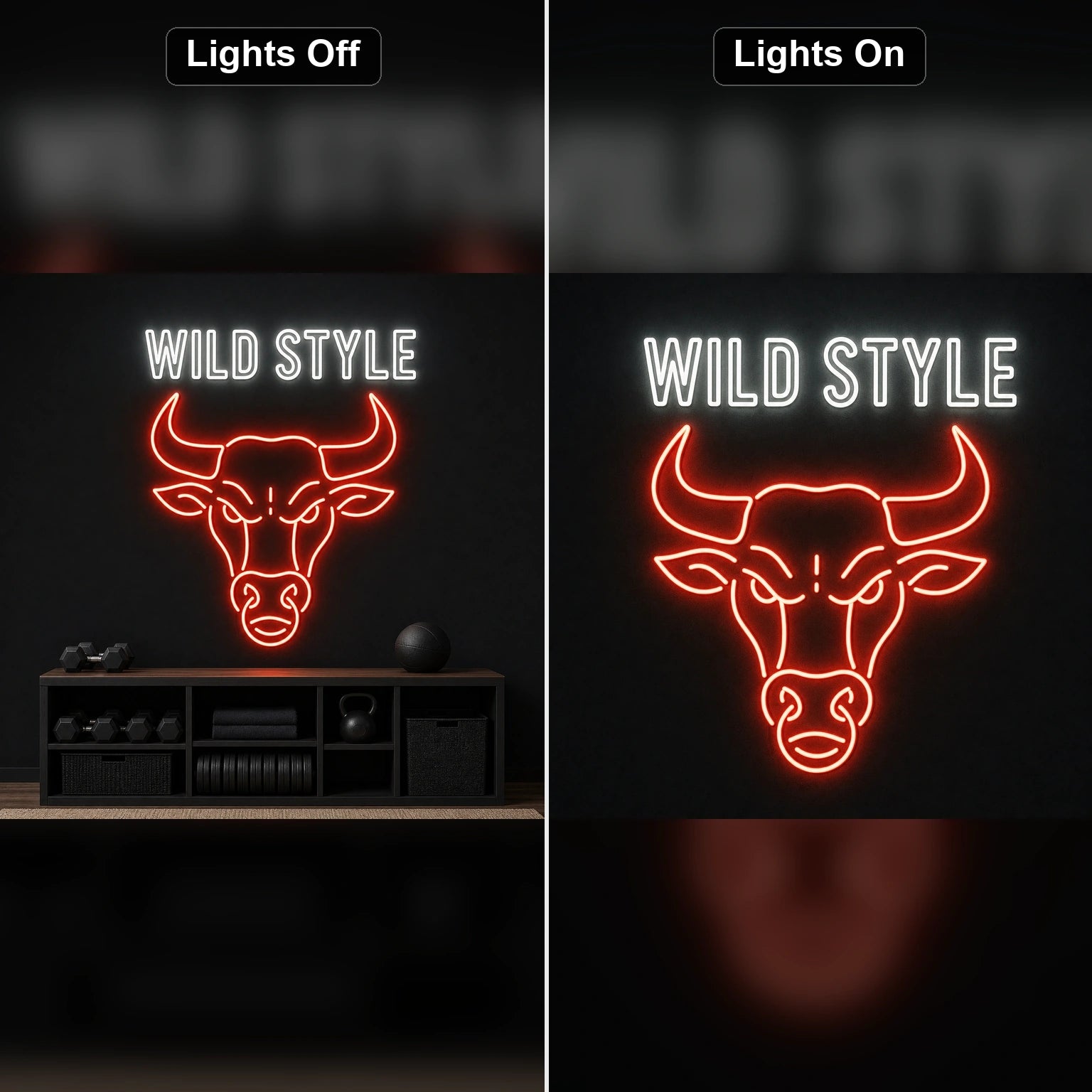 Wild Style Bull Head LED Neon Sign day and night comparison