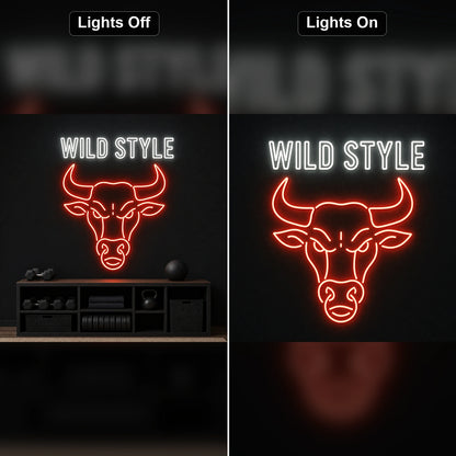 Wild Style Bull Head LED Neon Sign day and night comparison