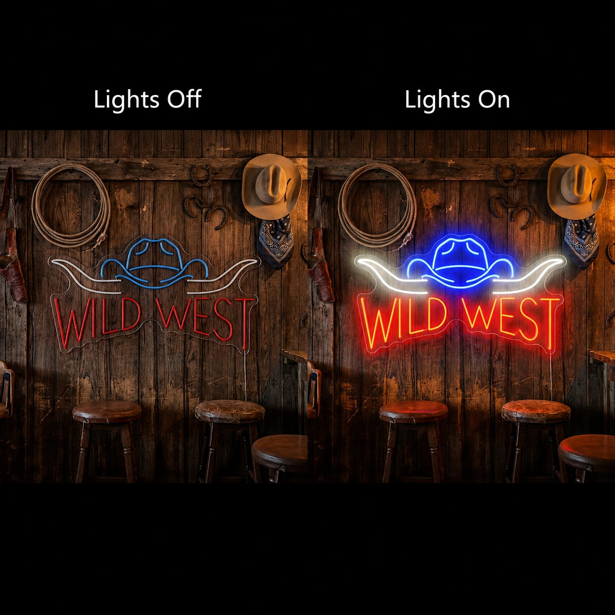 Wild West Cowboy Hat Neon Sign LED Neon Sign day and night comparison