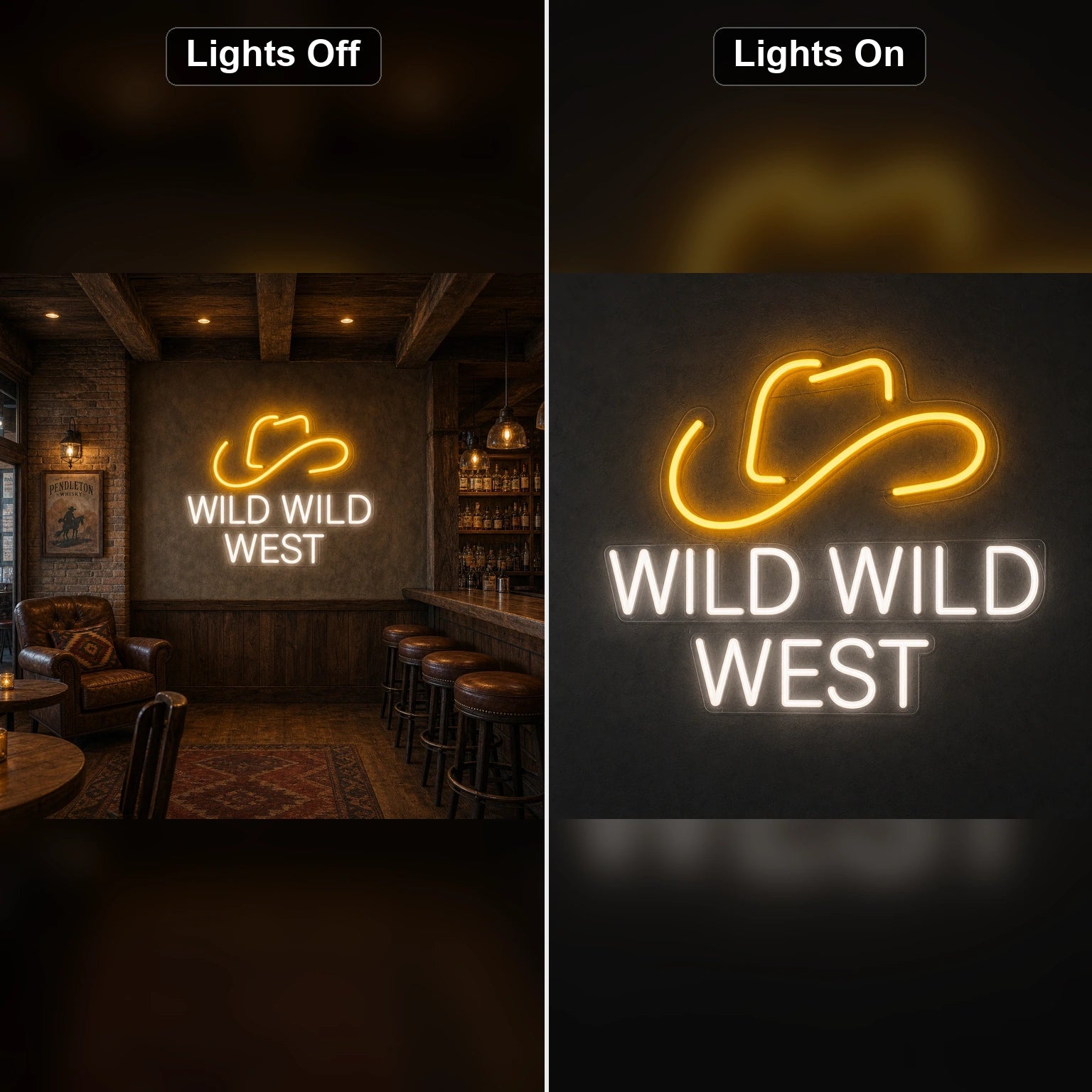 Wild Wild West Cowboy Hat LED Neon Sign day and night comparison