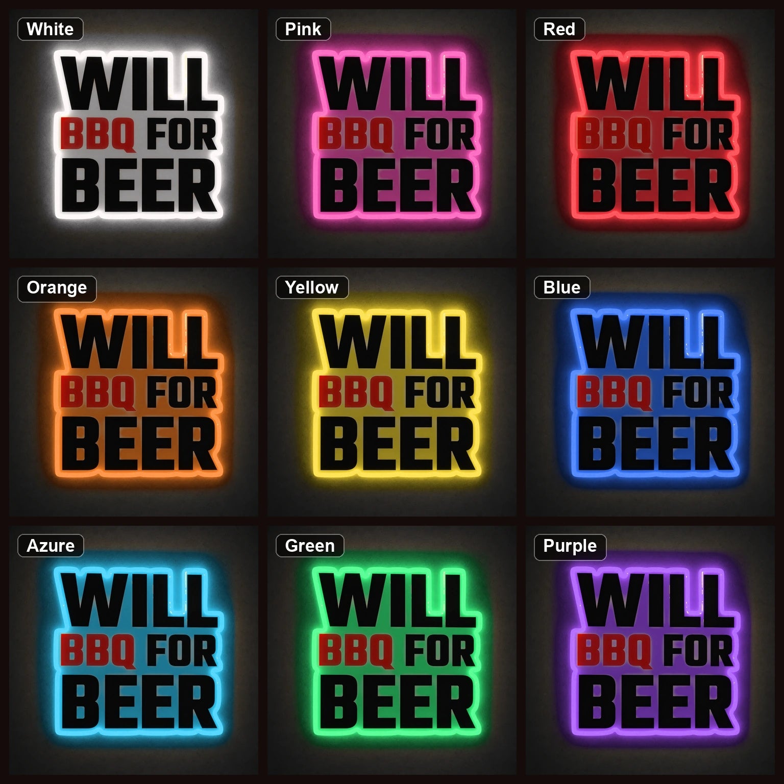 Will BBQ For Beer LED Neon Sign color grid