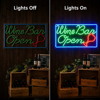 Wine Bar Open Neon Sign LED Neon Sign day and night comparison