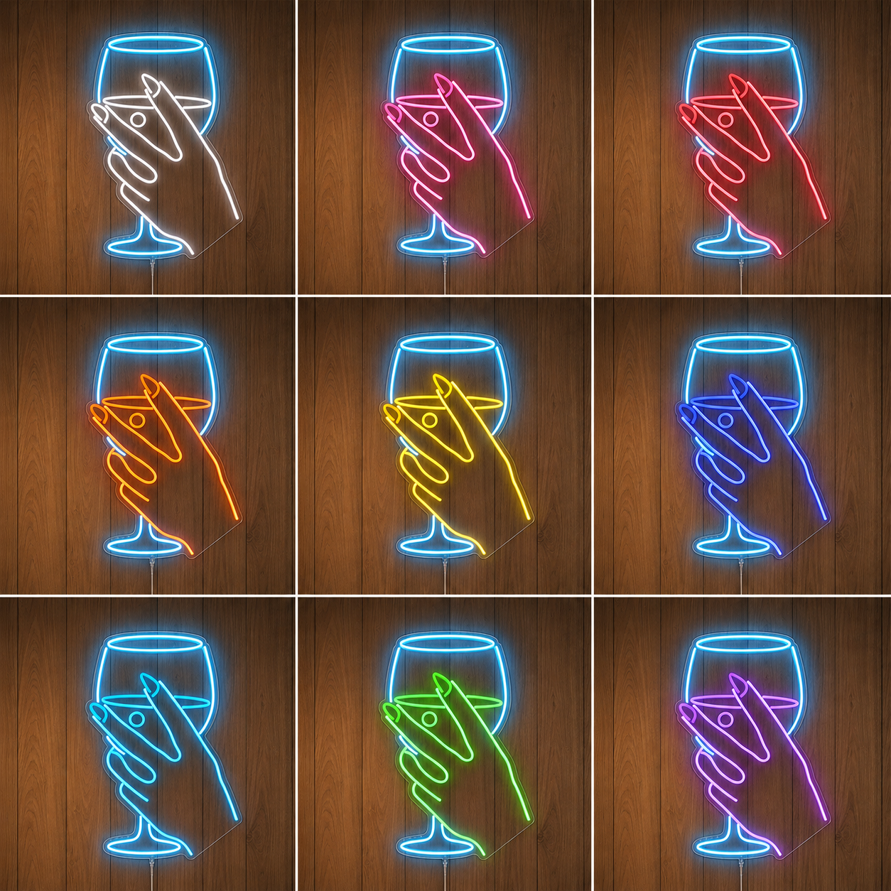 Wine Glass Hand Neon Sign Cocktail Bar LED Wall Decor Nightclub Lounge Light LED Neon Sign color grid
