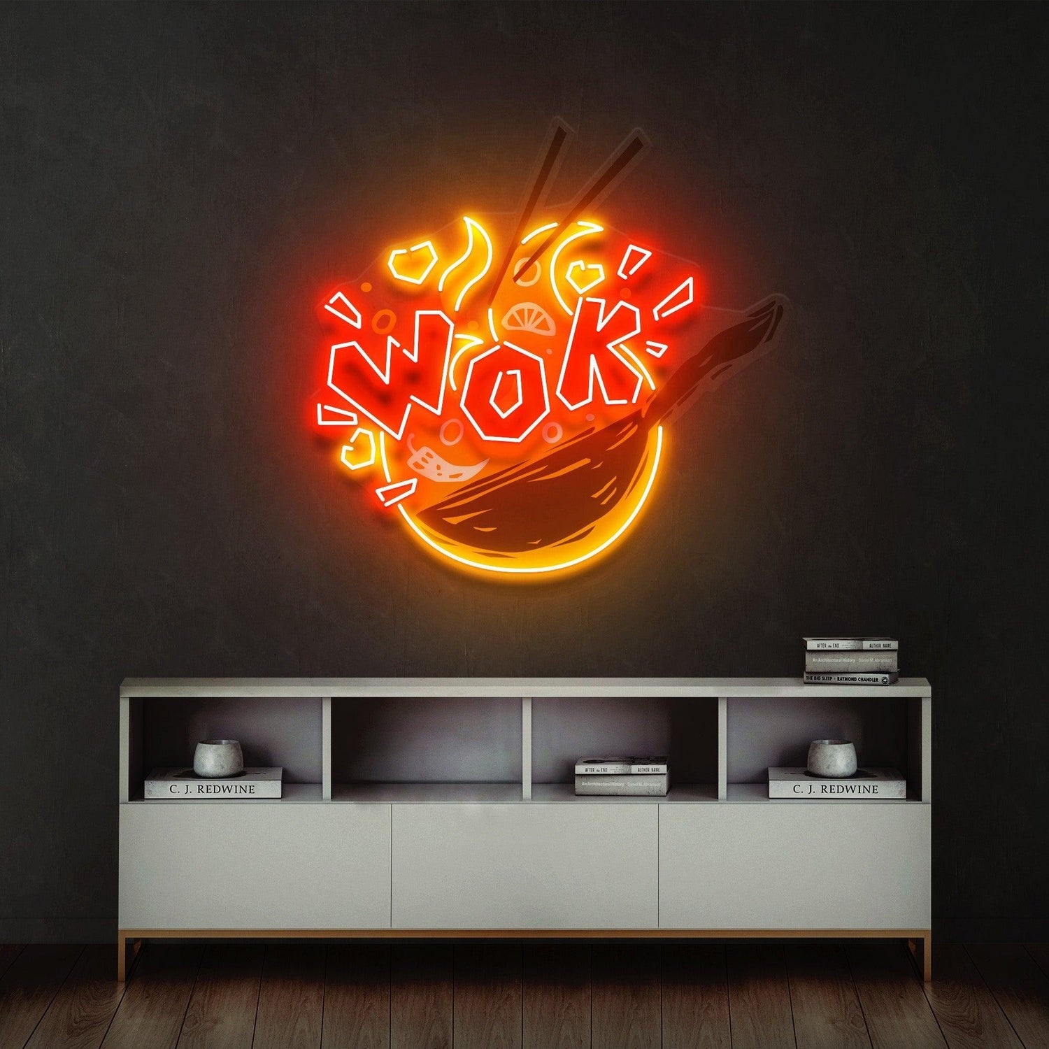 Wok Red-Yellow Glow Chinese Wok Art Uv Printed Led Neon Sign For Restaurant Wall Decor | Shineneon