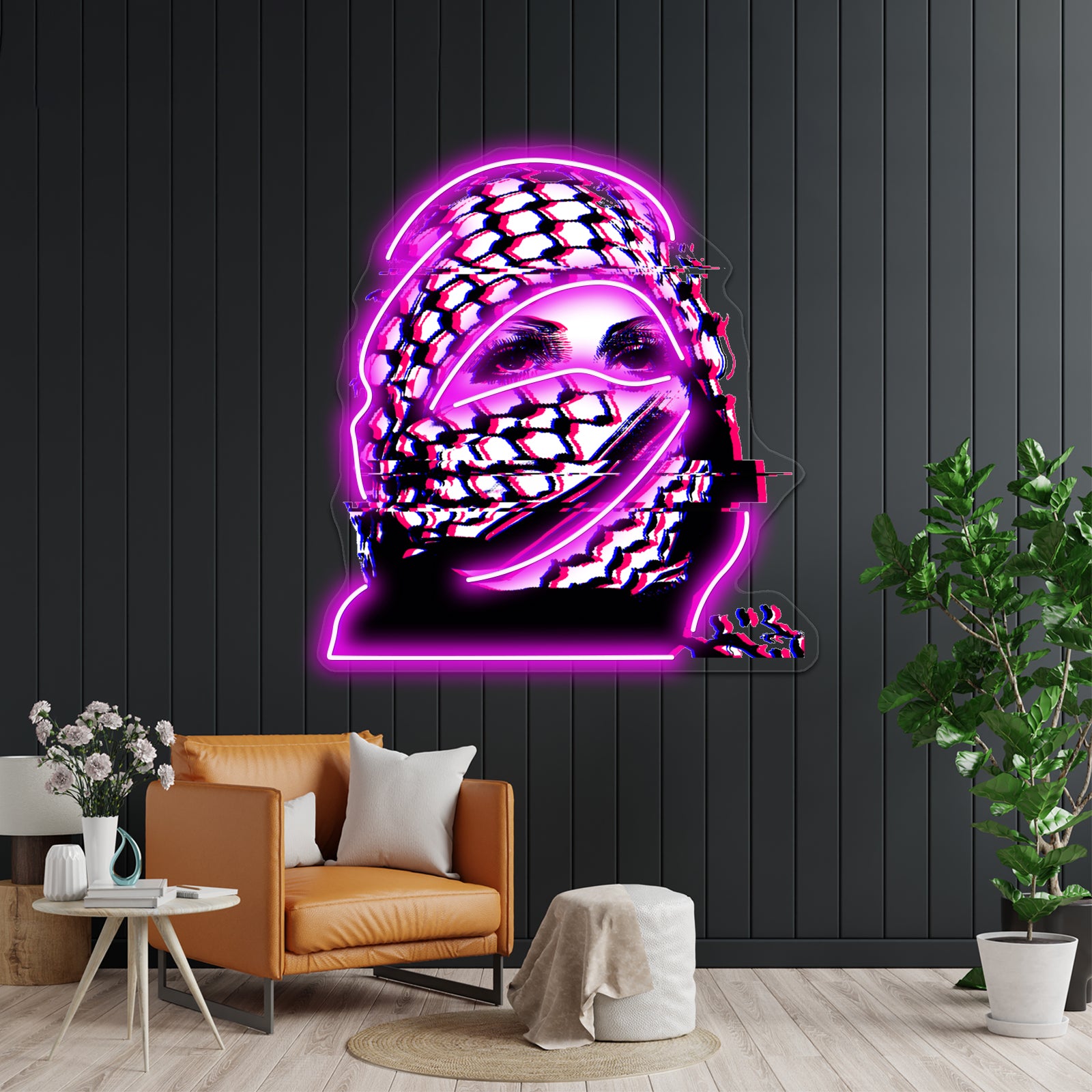 Woman In Palestinian Keffiyeh Glitch Artwork Led Neon Signs | Shineneon