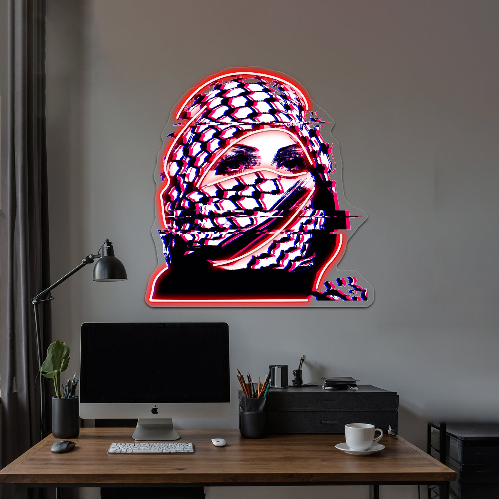 Woman In Palestinian Keffiyeh Glitch Artwork Led Neon Signs | Shineneon