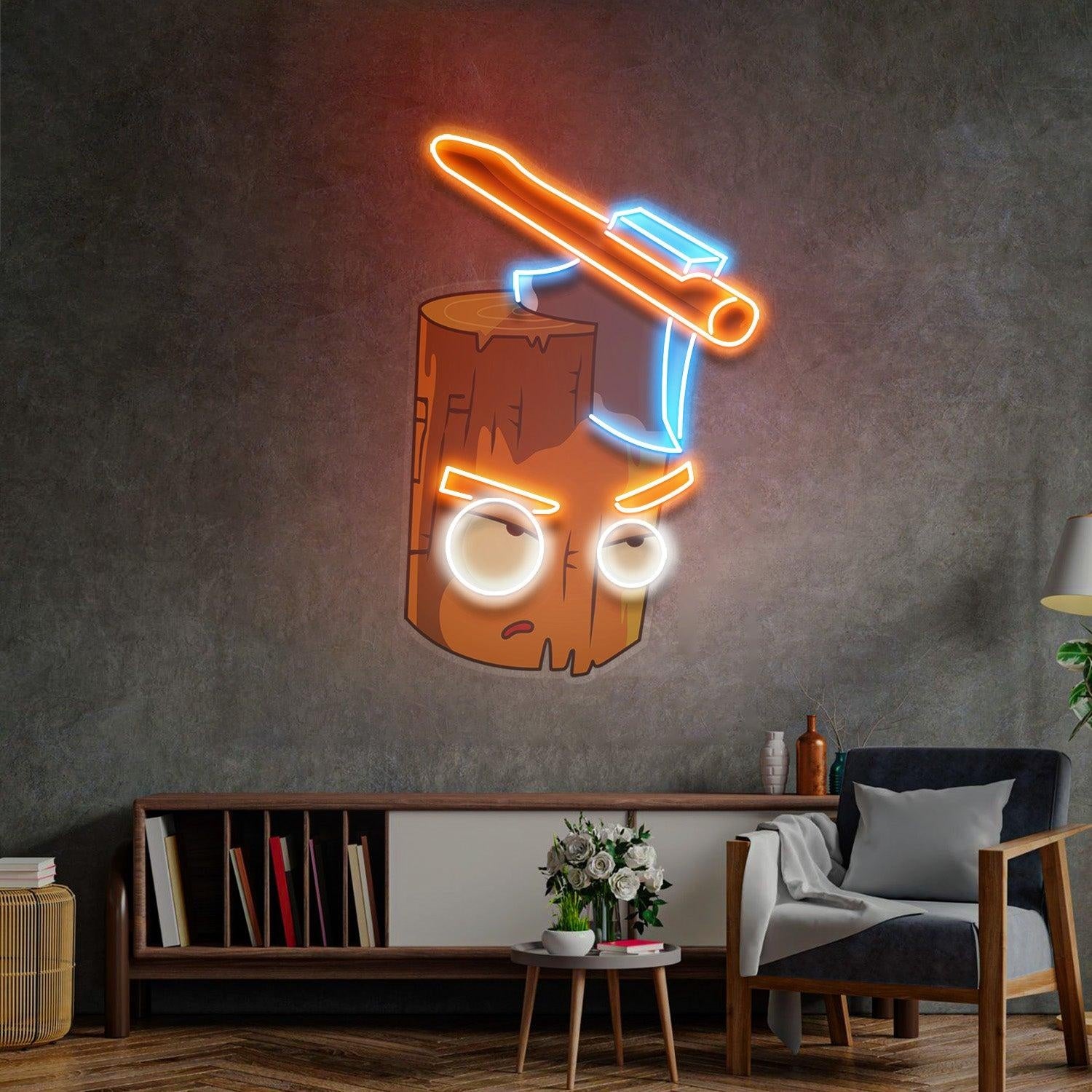 Wood Ax Angry Stump Uv Printed Led Neon Sign For Bar Game Room Indoor Decor | Shineneon