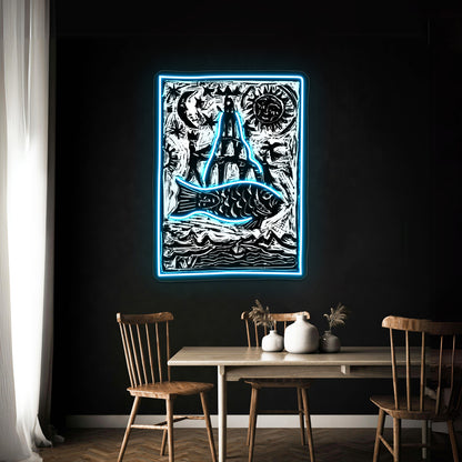 Woodblock Fishtower Wall Artwork Neon Signs