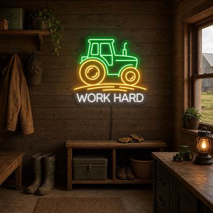 Work Hard Tractor LED Neon Sign real lifestyle scene