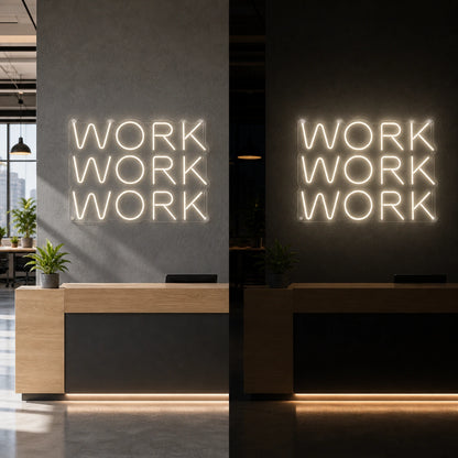 Work LED Neon Sign day and night comparison