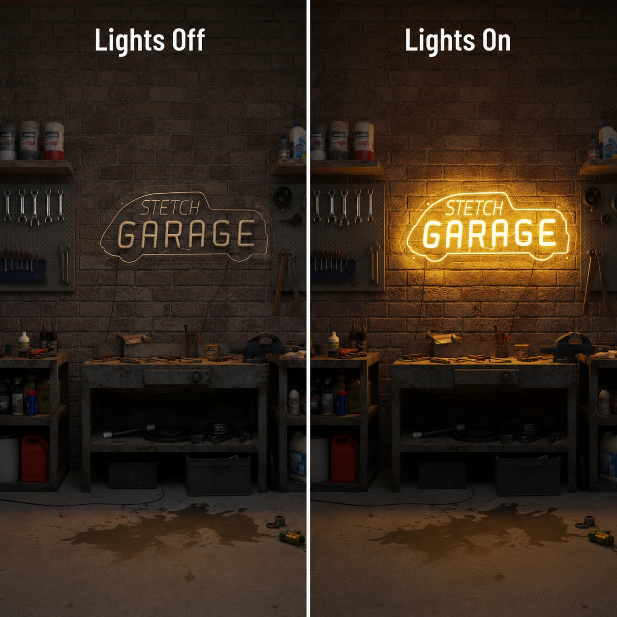Workshop Garage Neon Sign LED Neon Sign day and night comparison