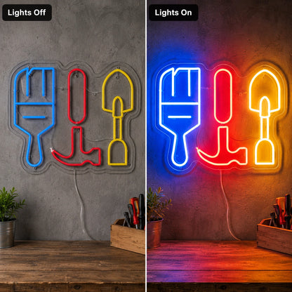 Workshop Tool Trio Neon Sign LED Neon Sign day and night comparison