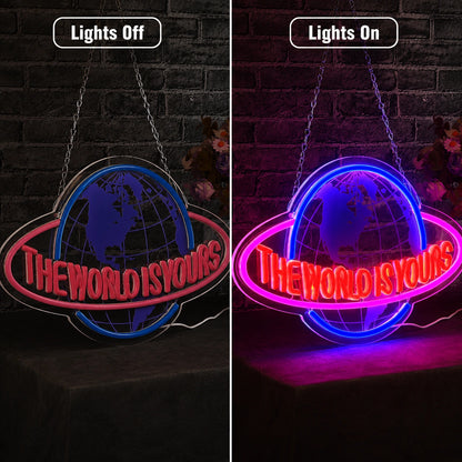 World Globe Neon Sign LED Neon Sign day and night comparison