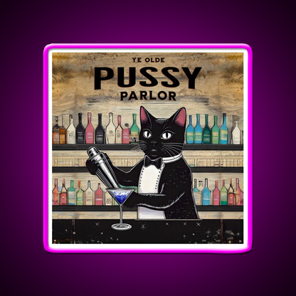 Ye Olde Pussy Parlor Man Cave Bar Led Neon Sign - Neon sign mounted on wall in room