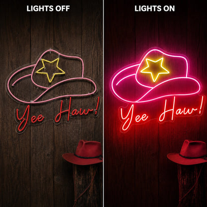 Yee Haw Cowgirl Hat Neon Sign LED Neon Sign day and night comparison
