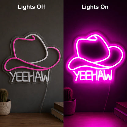 Yeehaw Cowgirl Hat Neon Sign LED Neon Sign day and night comparison