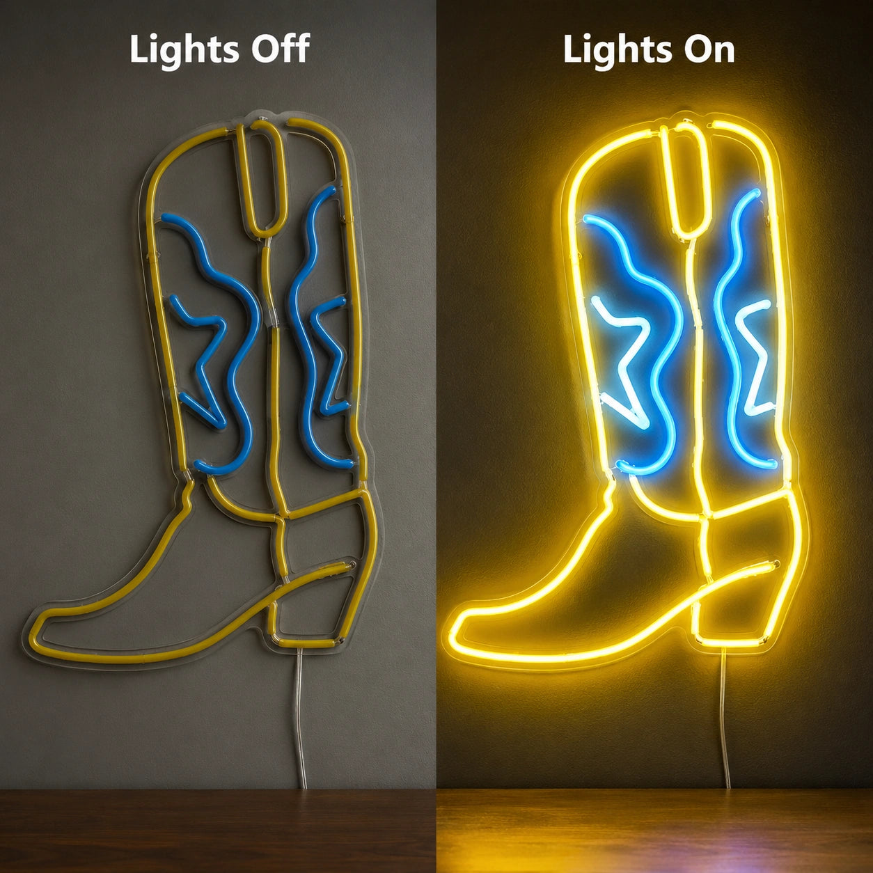 Yellow Blue Cowboy Boot Neon Sign LED Neon Sign day and night comparison