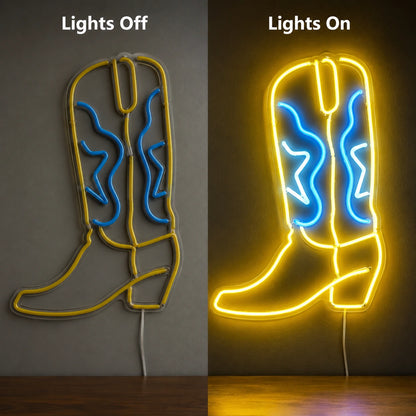 Yellow Blue Cowboy Boot Neon Sign LED Neon Sign day and night comparison