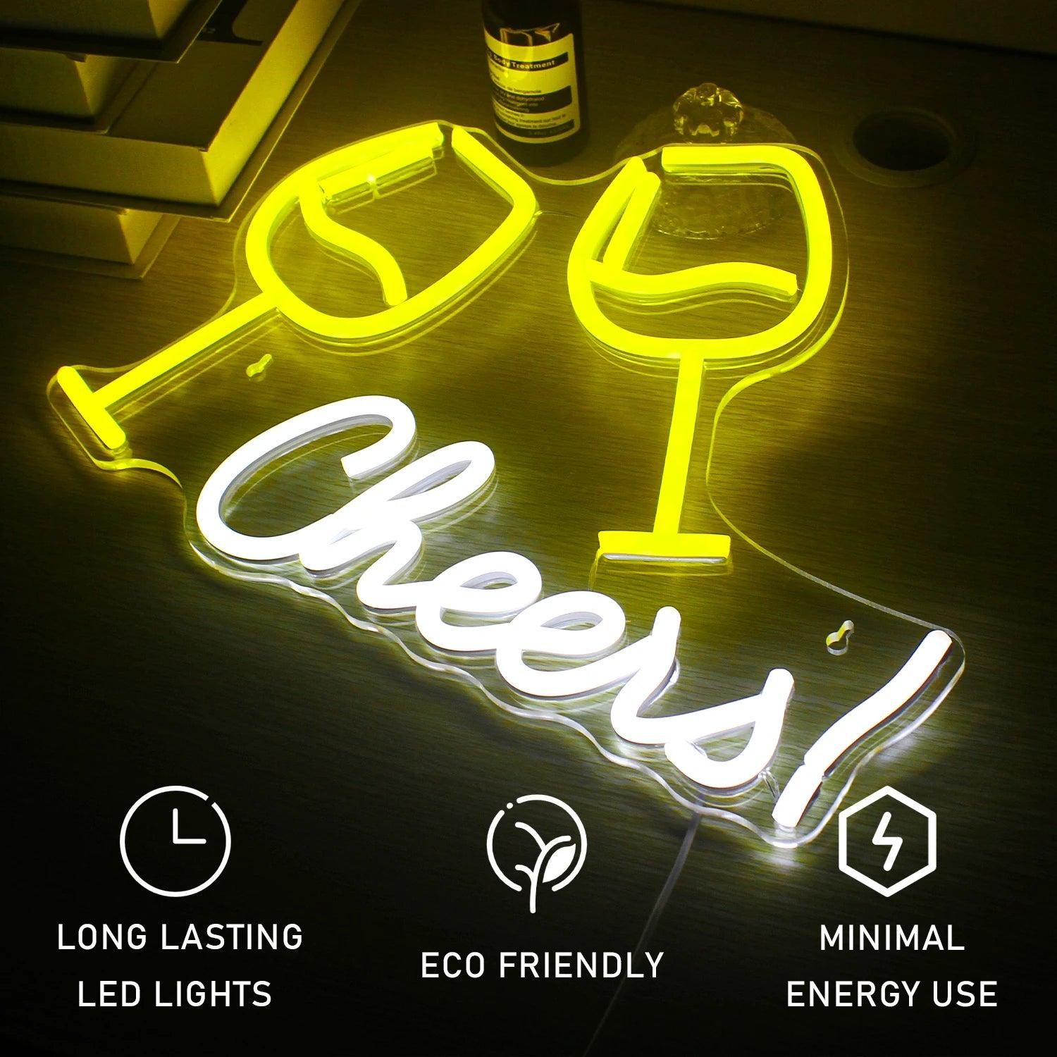 Yellow Glasses Cheers Led Neon Sign For Modern Bar Home Decor | Shineneon