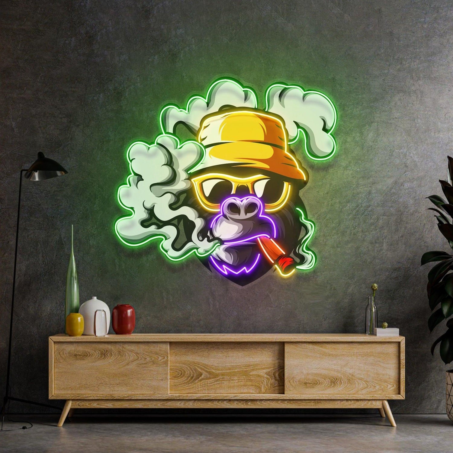 Yellow Hat Monkey Multicolor Uv Printed Led Neon Sign For Trendy Bar Indoor Decor | Shineneon