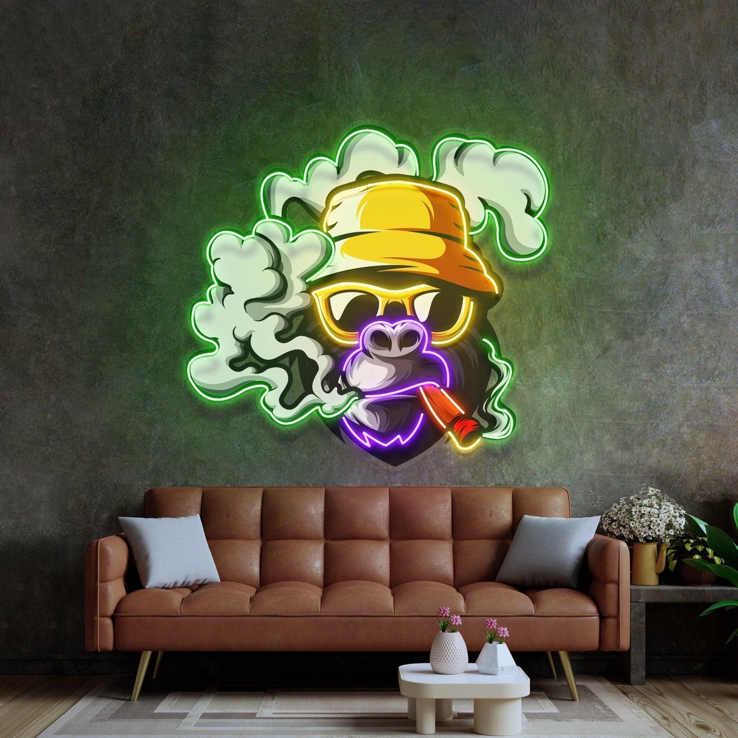 Yellow Hat Monkey Smoking Cartoon With Green Purple Red Uv Printed Led Neon Sign Artwork | Shineneon