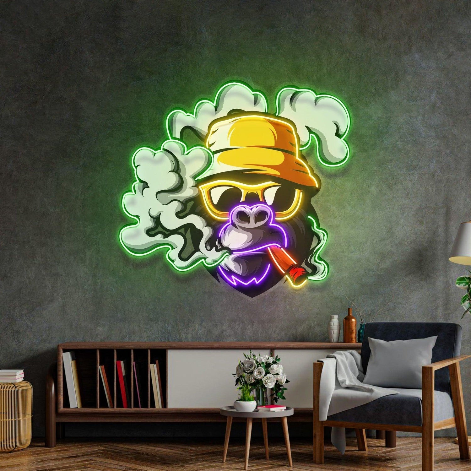 Yellow Hat Monkey Smoking Cartoon With Green Purple Red Uv Printed Led Neon Sign Artwork | Shineneon
