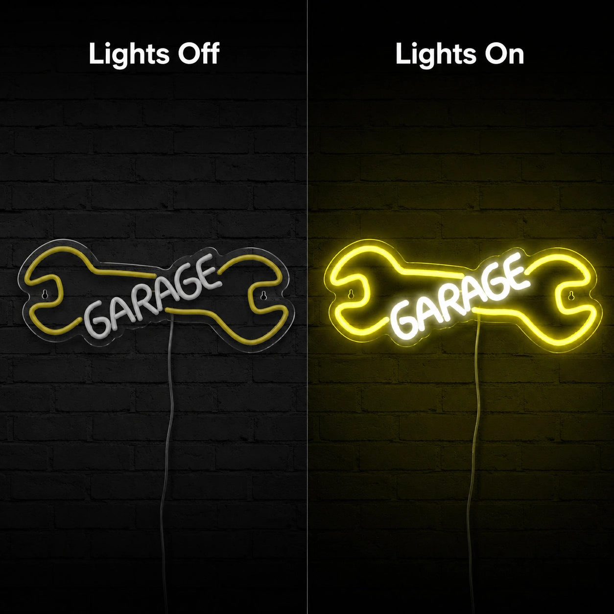 Yellow Wrench Garage Neon Sign LED Neon Sign day and night comparison