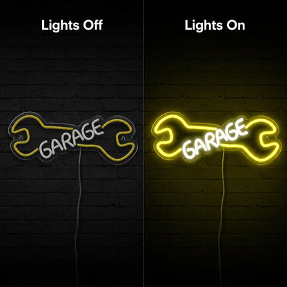 Yellow Wrench Garage Neon Sign LED Neon Sign day and night comparison