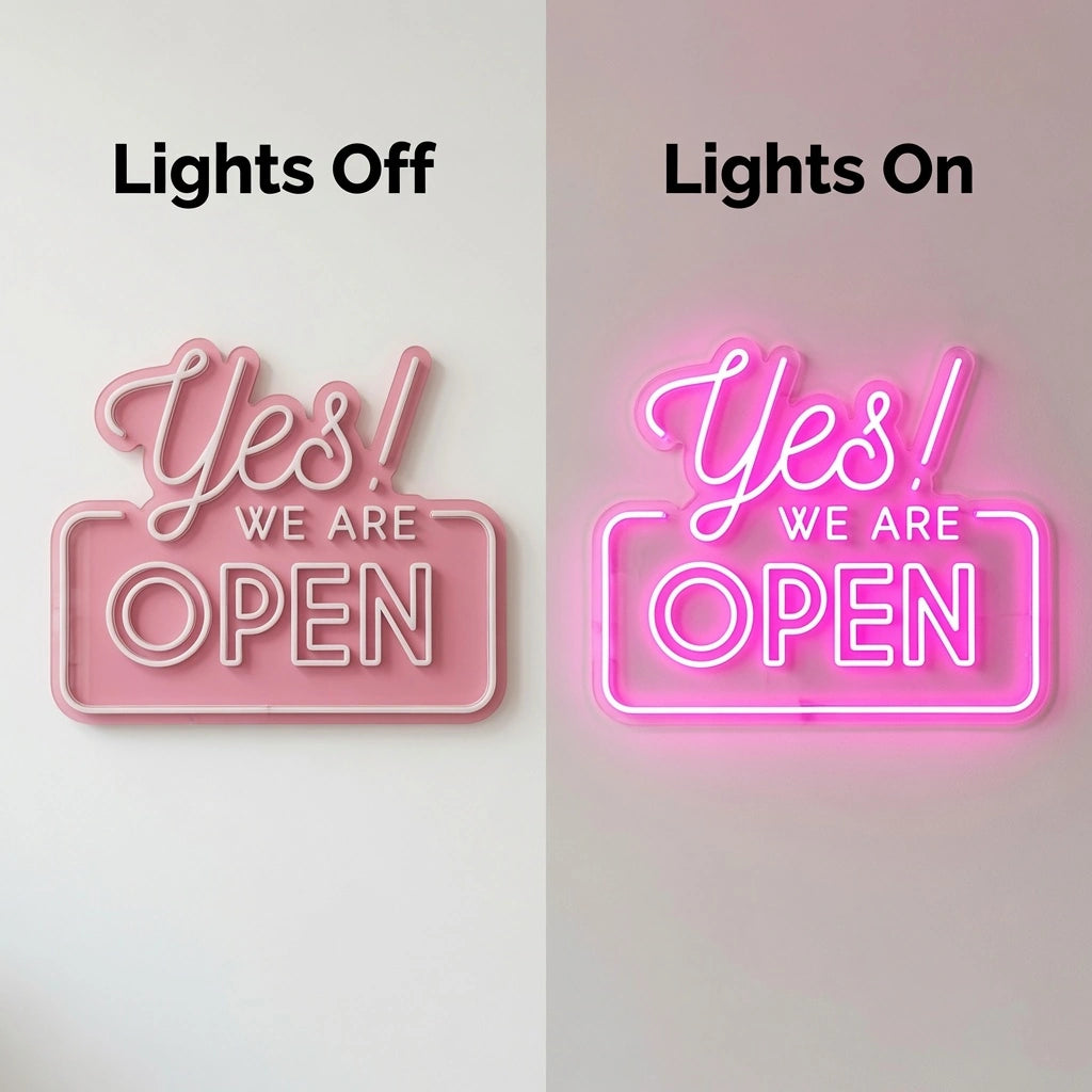 Yes We Are Open Business LED Neon Sign - 06 Day Night Comparison