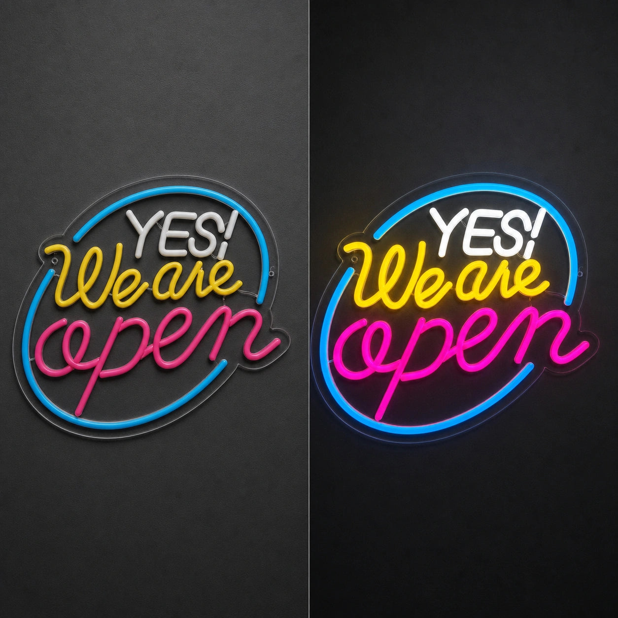 Yes We Are Open Wall Art LED Neon Sign day and night comparison
