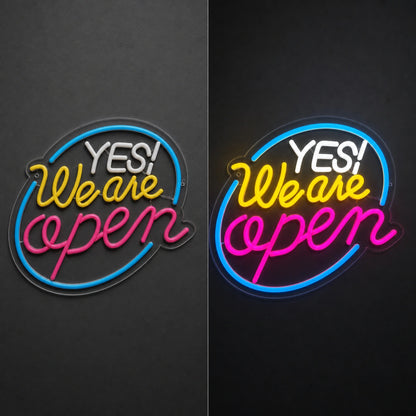 Yes We Are Open Wall Art LED Neon Sign day and night comparison