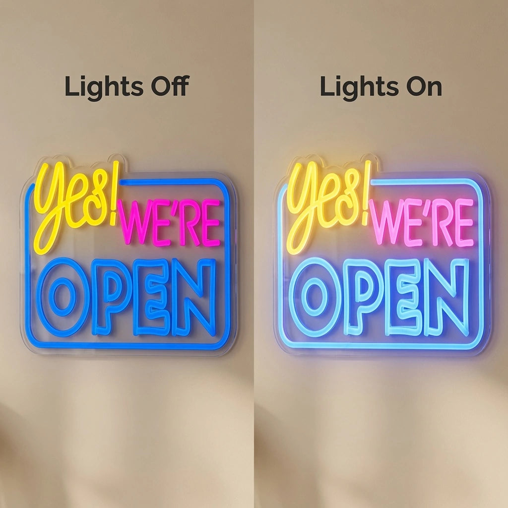 Yes We're Open LED Neon Sign Wall Neon Sign - 06 Day Night Comparison