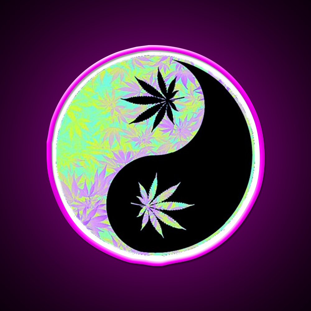 Ying Yang Hemp Inspired Green Leaf Led Neon Sign Rgb Color - Neon sign mounted on wall in room