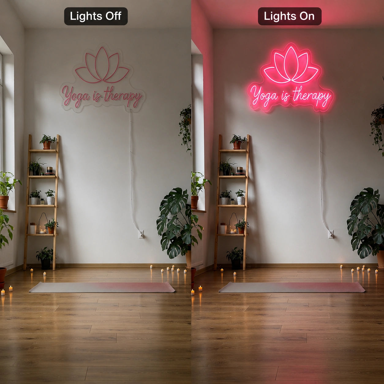 Yoga Is Therapy LED Neon Sign - 06 Day Night Comparison