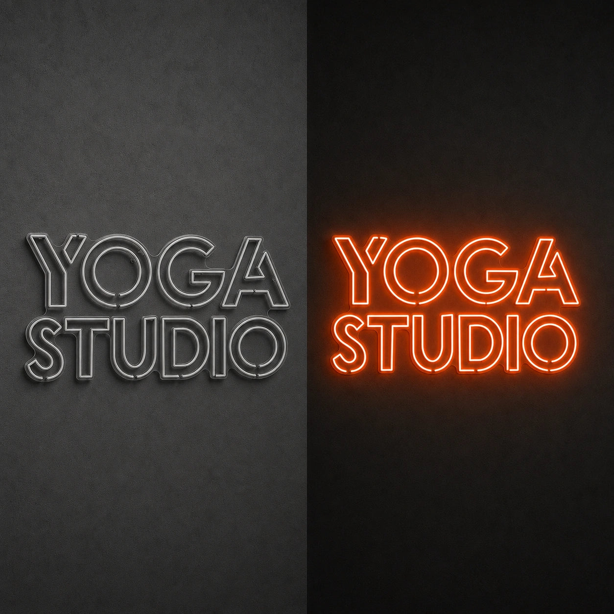Yoga Studio LED Neon Sign day and night comparison