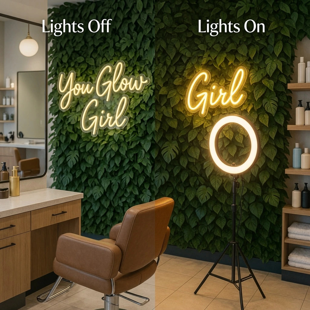 You Glow Girl LED Neon Sign Home Wall Art - 06 Day Night Comparison