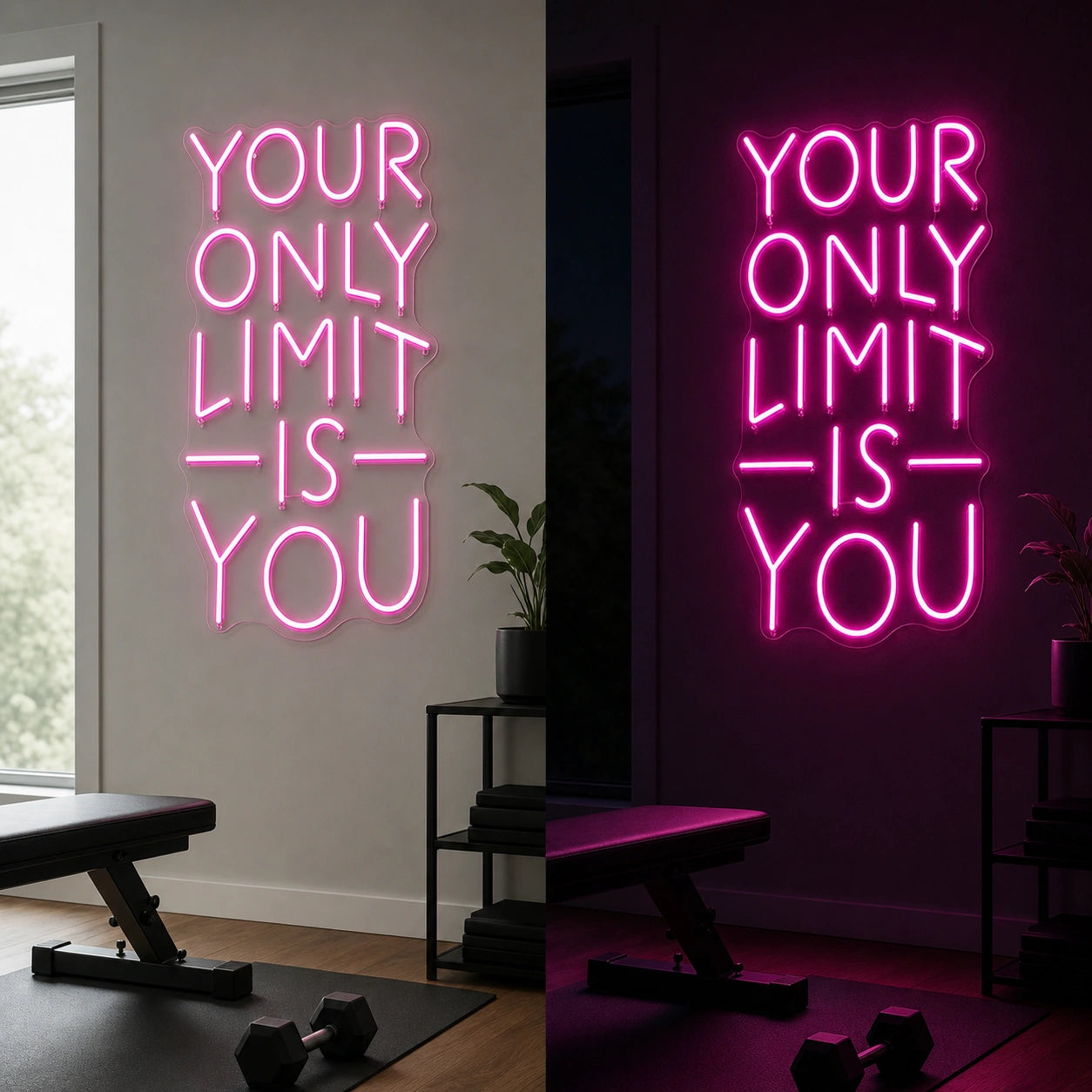 Your Only Limit Is You LED Neon Sign day and night comparison