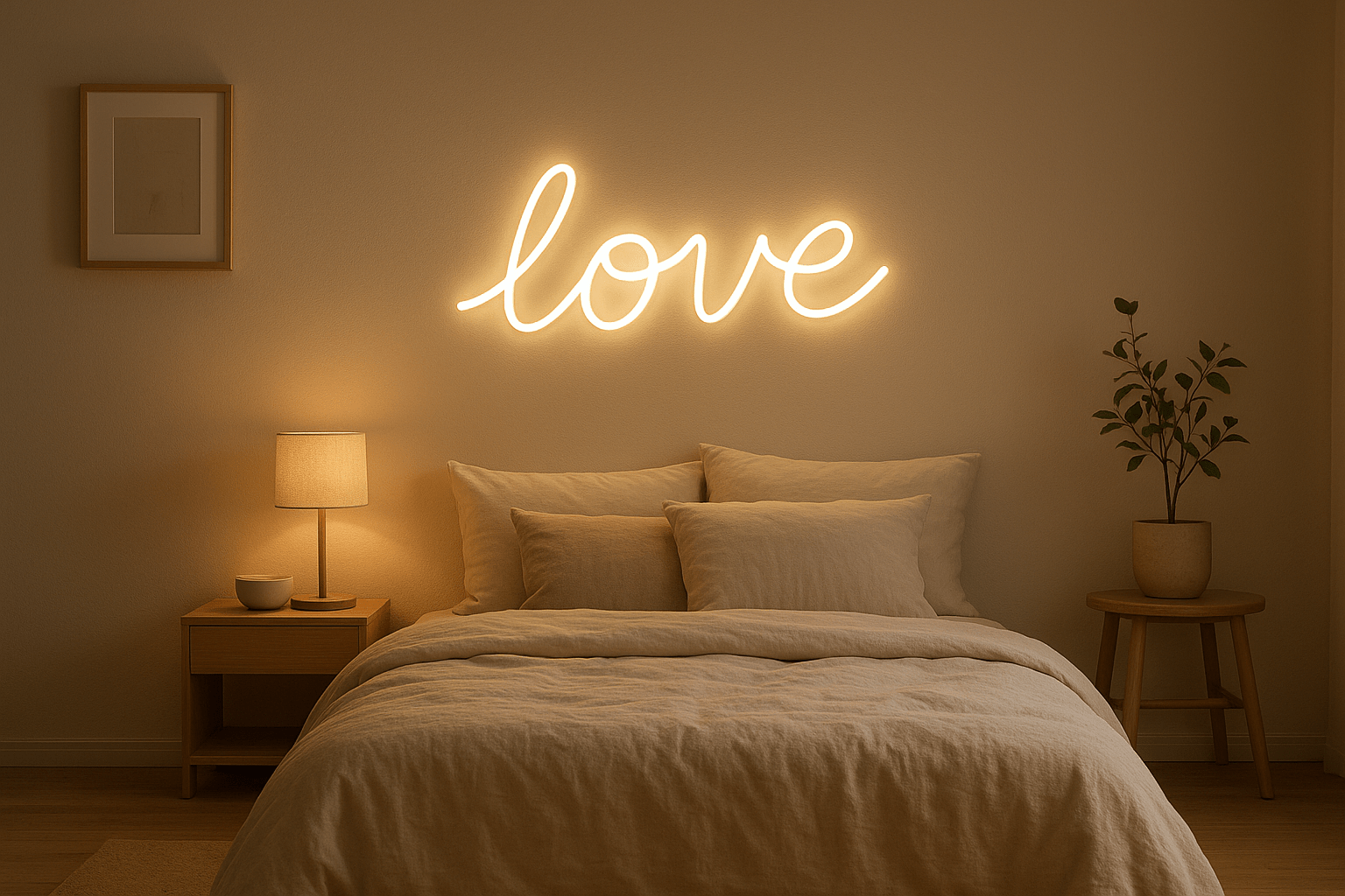 Warm white LED neon sign in minimalist bedroom setting