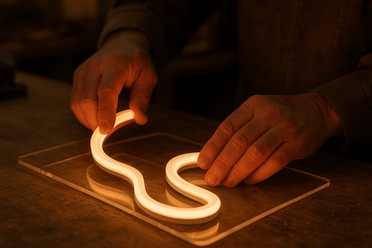 Craftsman bending LED neon tubing in workshop