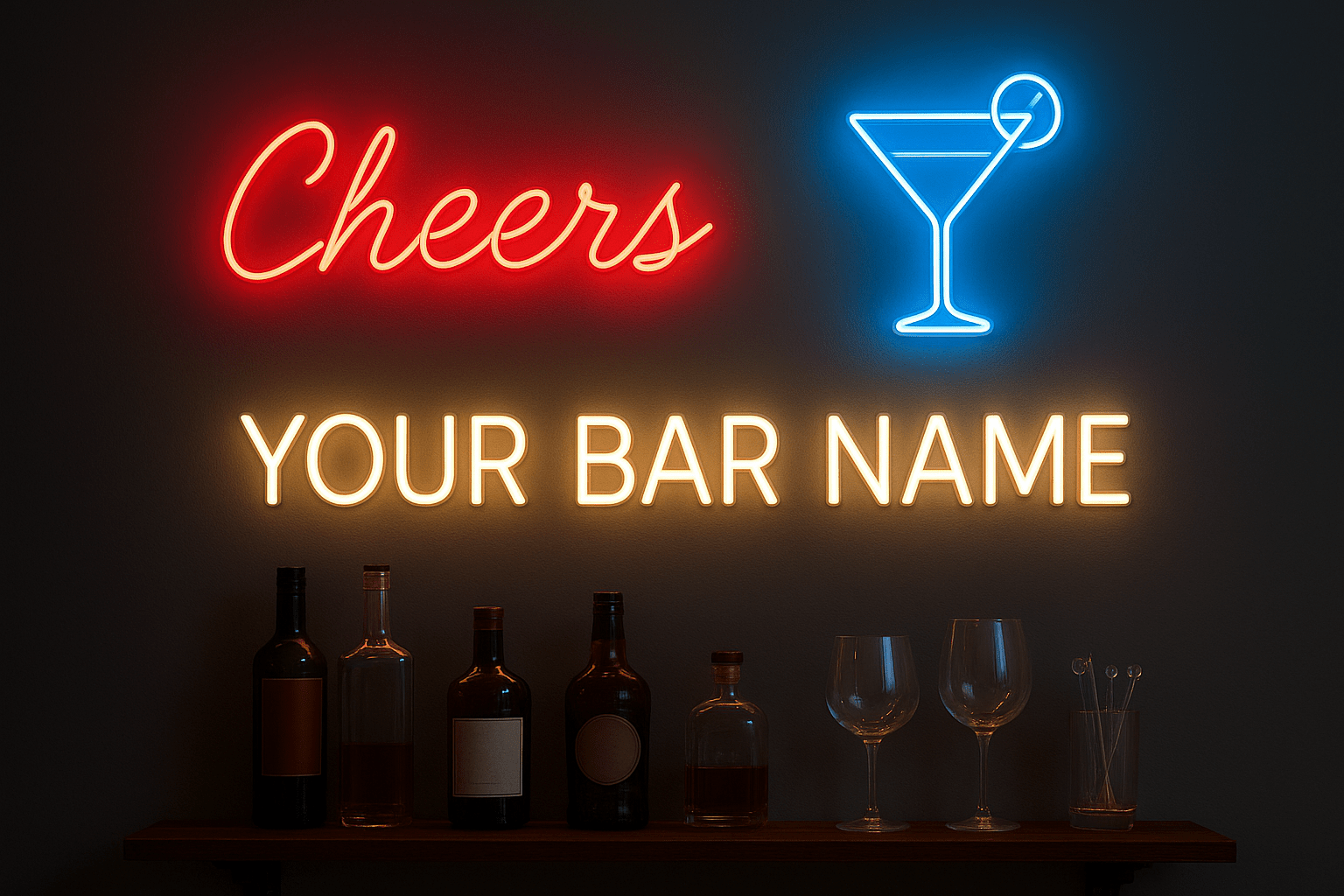 Home bar wall with multiple LED neon signs