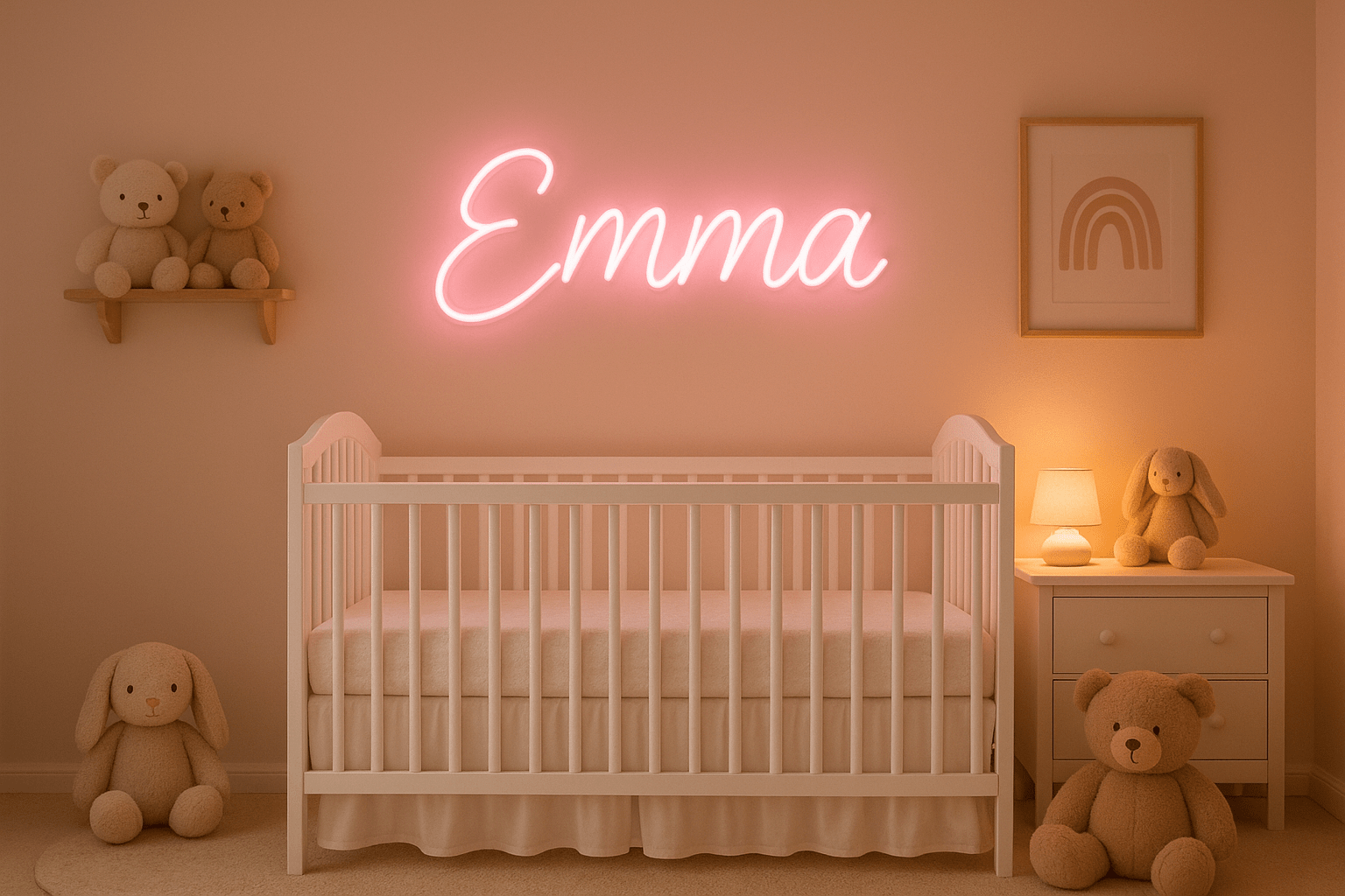 Custom baby name LED neon sign in pink above nursery crib