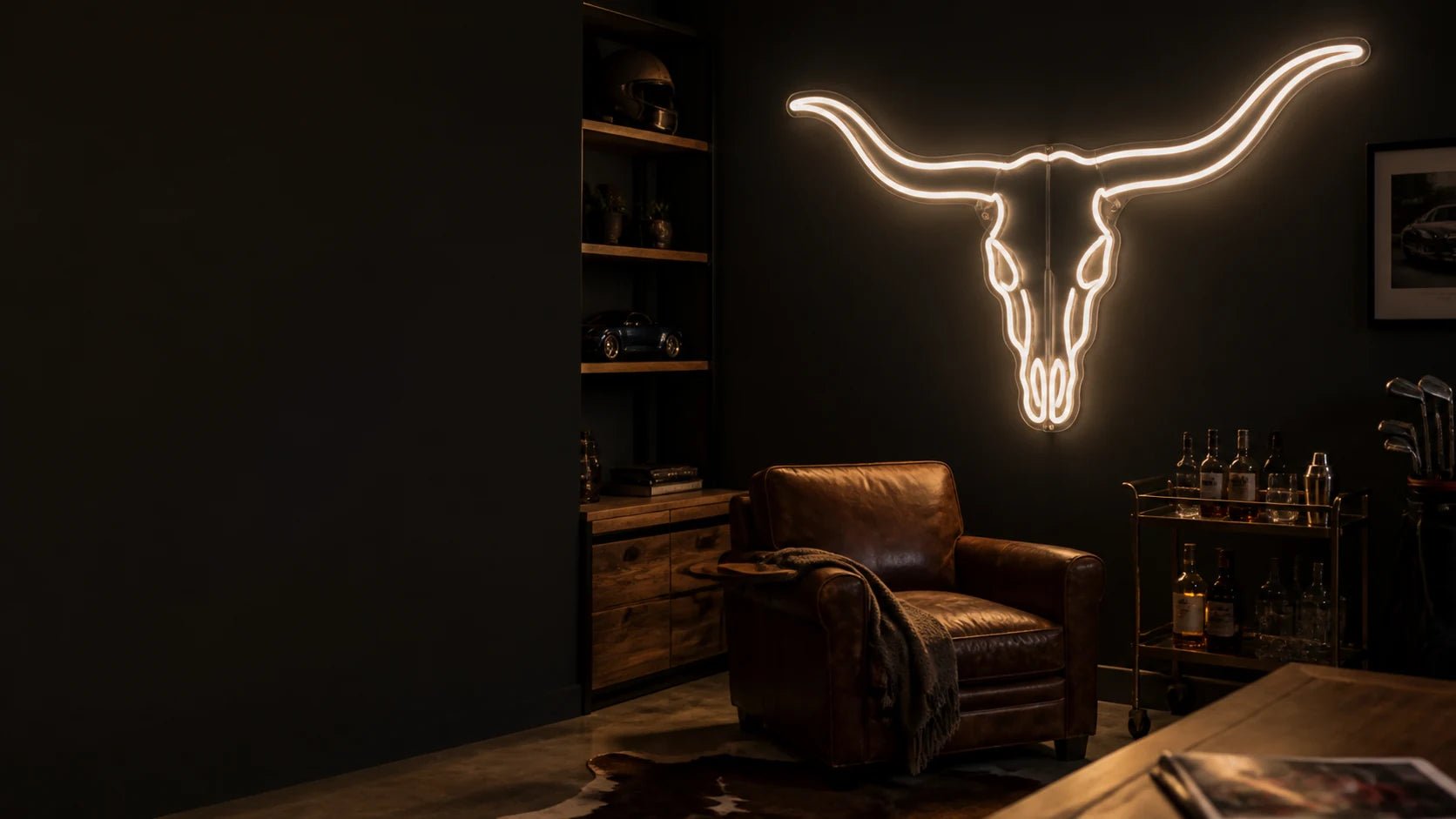 Pure LED longhorn neon sign in a refined man cave