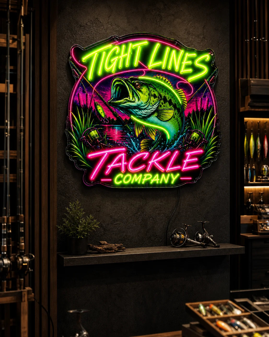Custom tackle company UV printed neon sign installed in a premium retail store