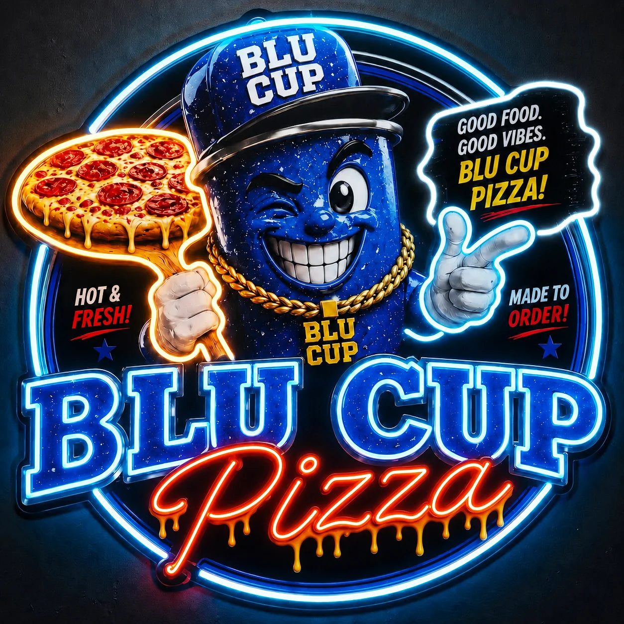 Full-color pizza brand artwork with selective LED neon lighting